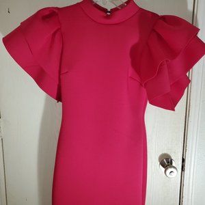 Pink form fitting dress with layered flare shoulders